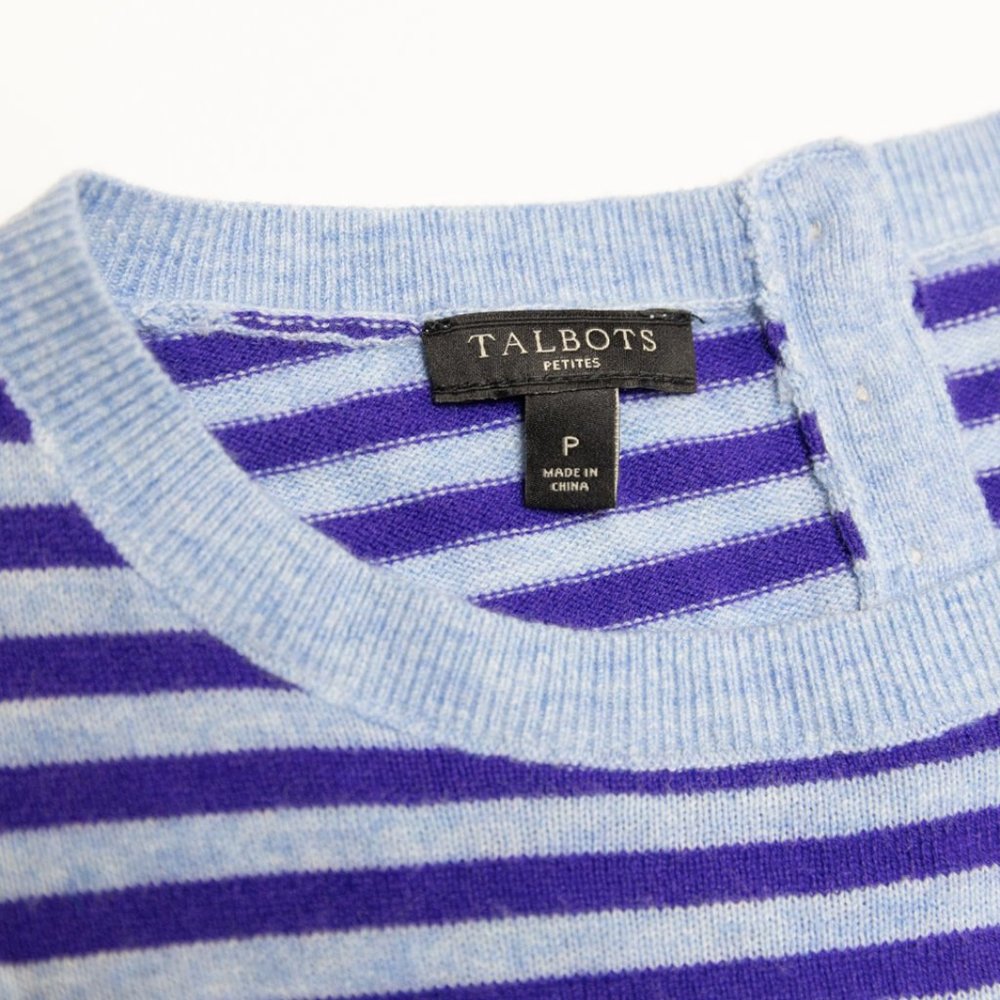 Talbots crew neck sweater size Petite Purple Striped Lambswool with Bell Sleeves